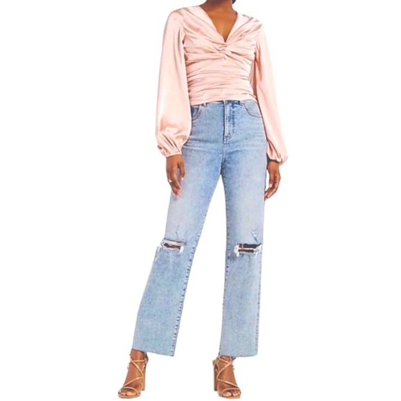 NWT Express Satin Ruched Twist Front Open Back/Bow Side Zip Blouse Top Peach S - Picture 4 of 9